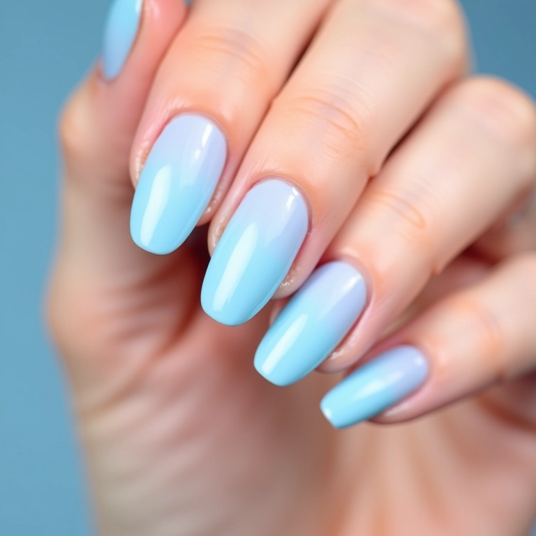 Unhas de gel azul claro estilo baby boomer.