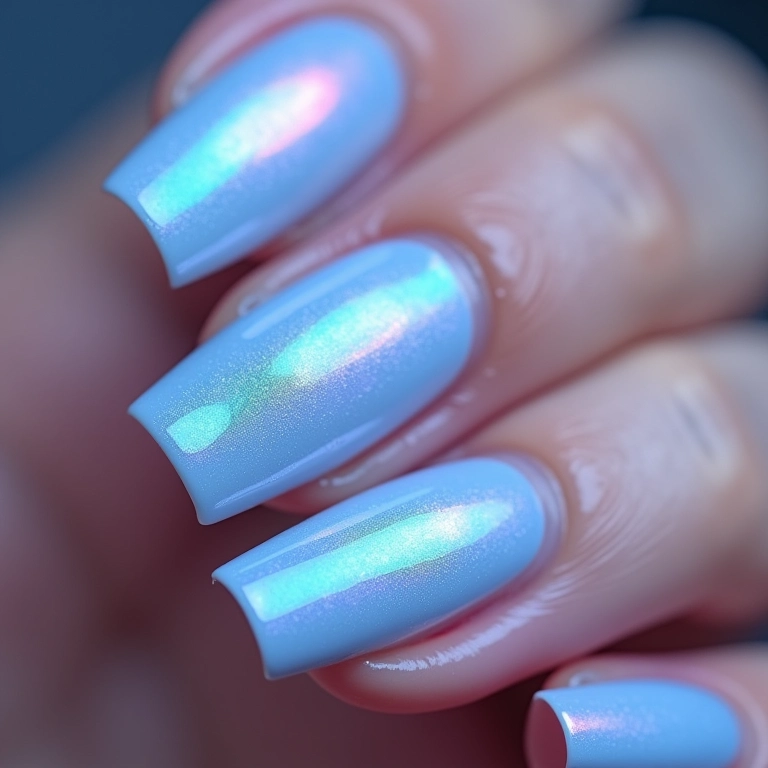 Unhas de gel azul claro holográficas e brilhantes.