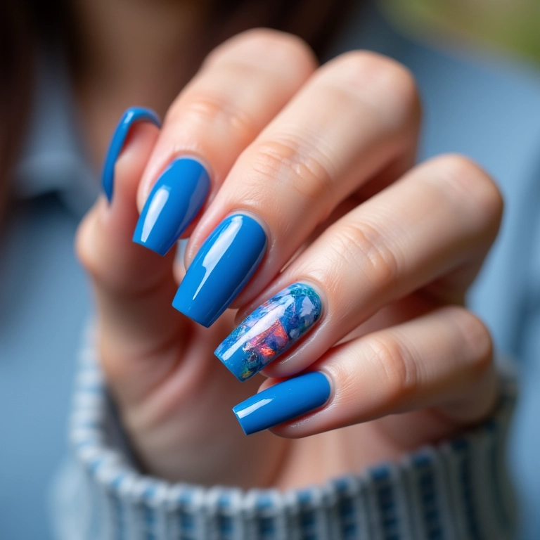 Unhas de gel azul com desenhos geométricos modernos e vibrantes.