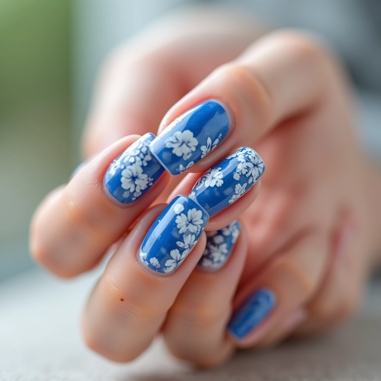 Unhas de gel azul com detalhes delicados em branco, padrão floral.