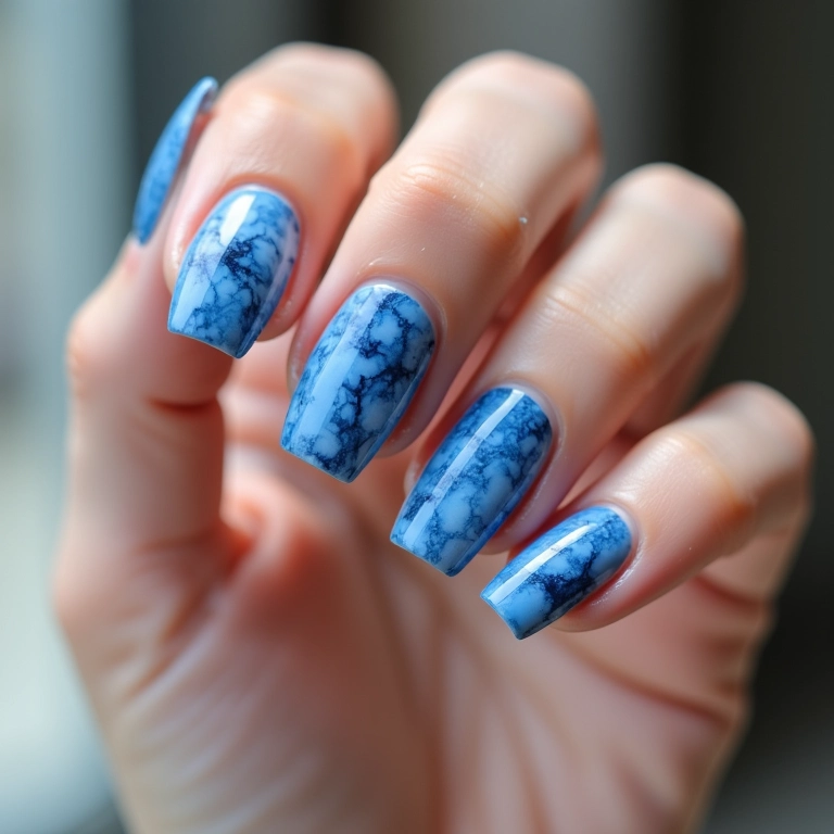 Unhas de gel azul com efeito marmorizado, design artístico e elegante.