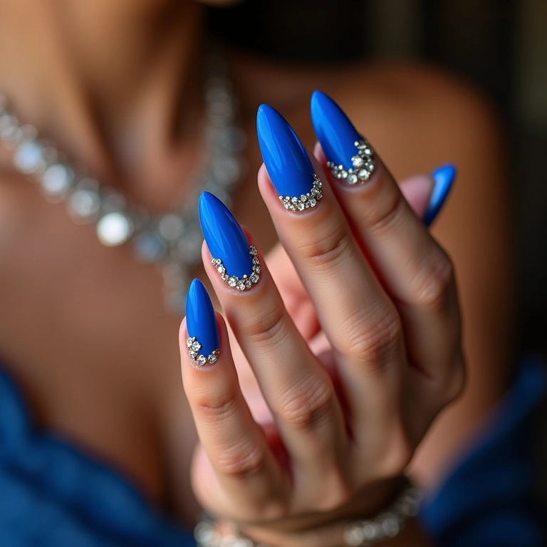 Unhas de gel azul com pedrarias brilhantes, perfeitas para eventos.