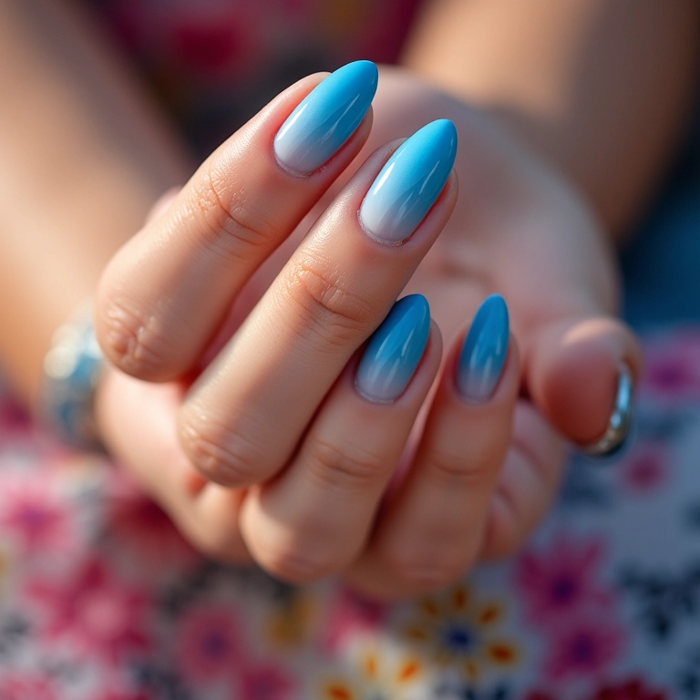 Unhas de gel azul degradê com transição suave para outra cor.