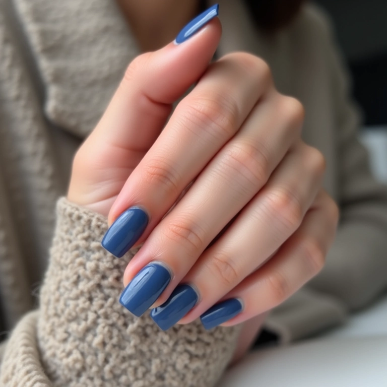 Unhas de gel azul francesinha, design clássico e elegante.