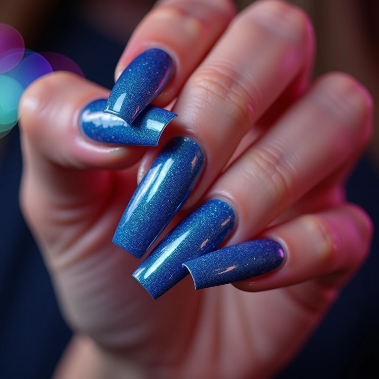 Unhas de gel azul glitter brilhantes, ideais para festas e eventos.