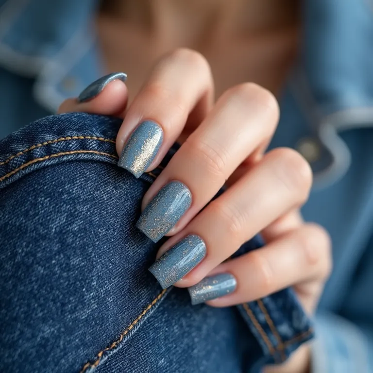 Unhas de gel azul jeans com glitter dourado.