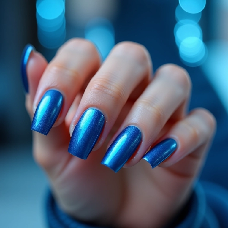 Unhas de gel azul metalizado com acabamento brilhante e futurista.