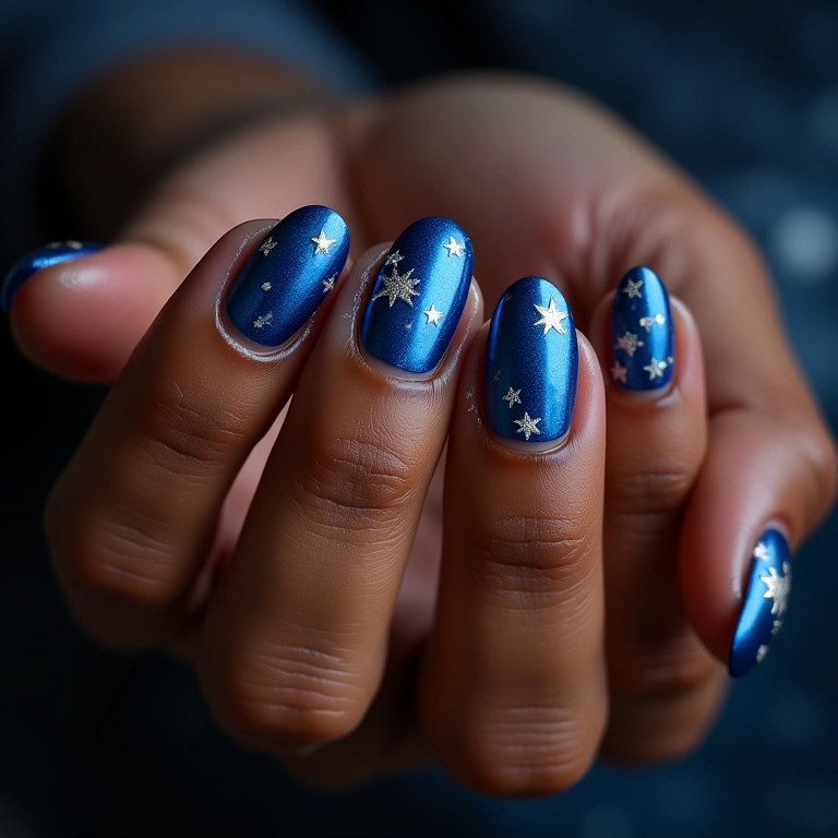 Unhas de gel azul noite com estrelas prateadas para o Natal.