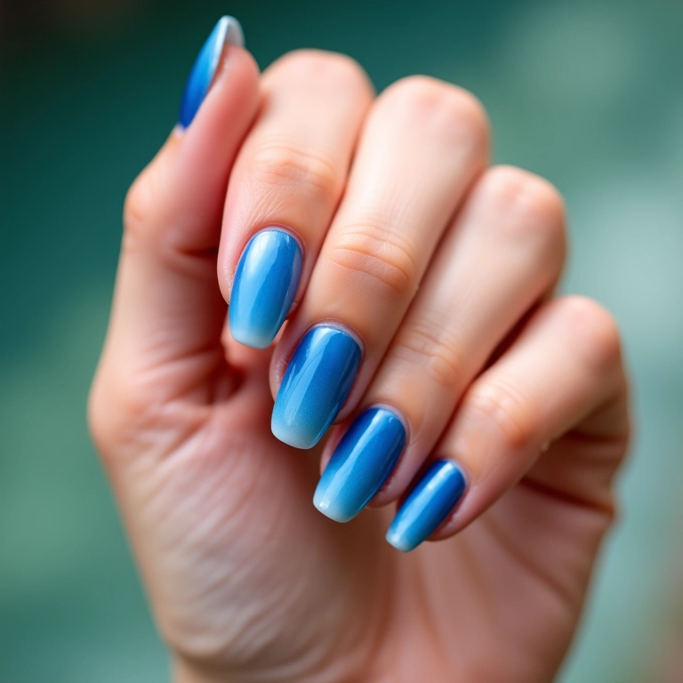 Unhas de gel azul ombré com transição suave de tonalidades.