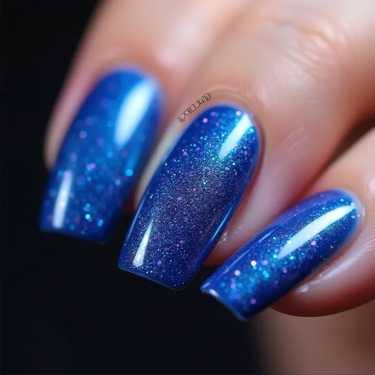 Unhas de gel azul royal com glitter furta cor.