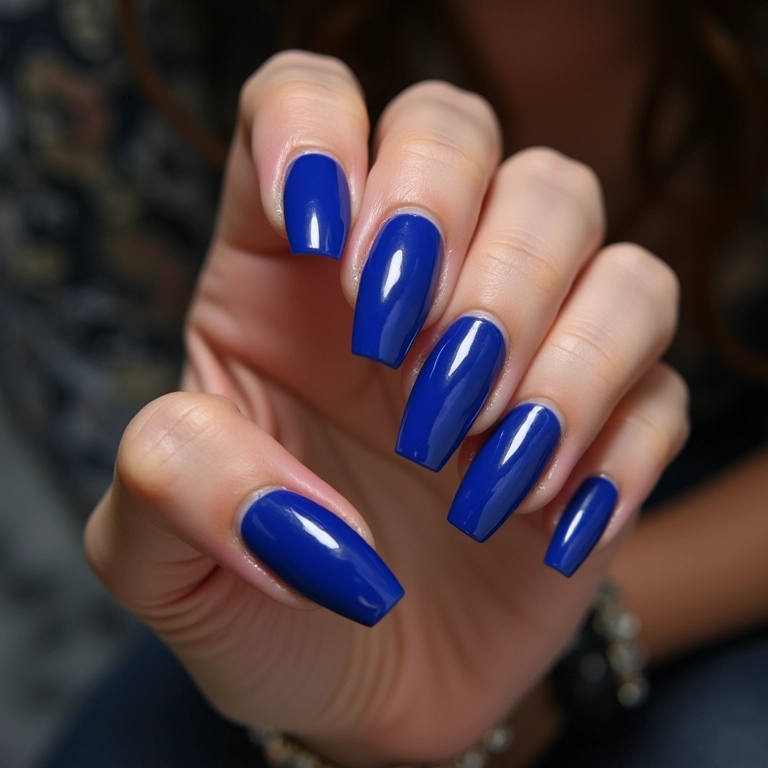 Unhas de gel azul royal luxuosas, com acabamento brilhante e elegante.