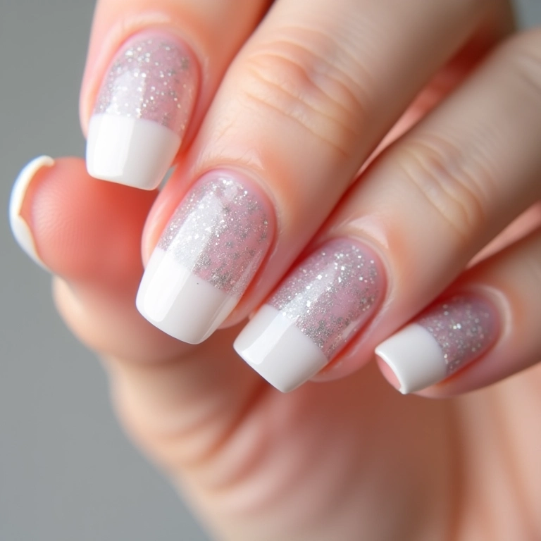 Unhas de gel branca com glitter degradê, transição suave e elegante.