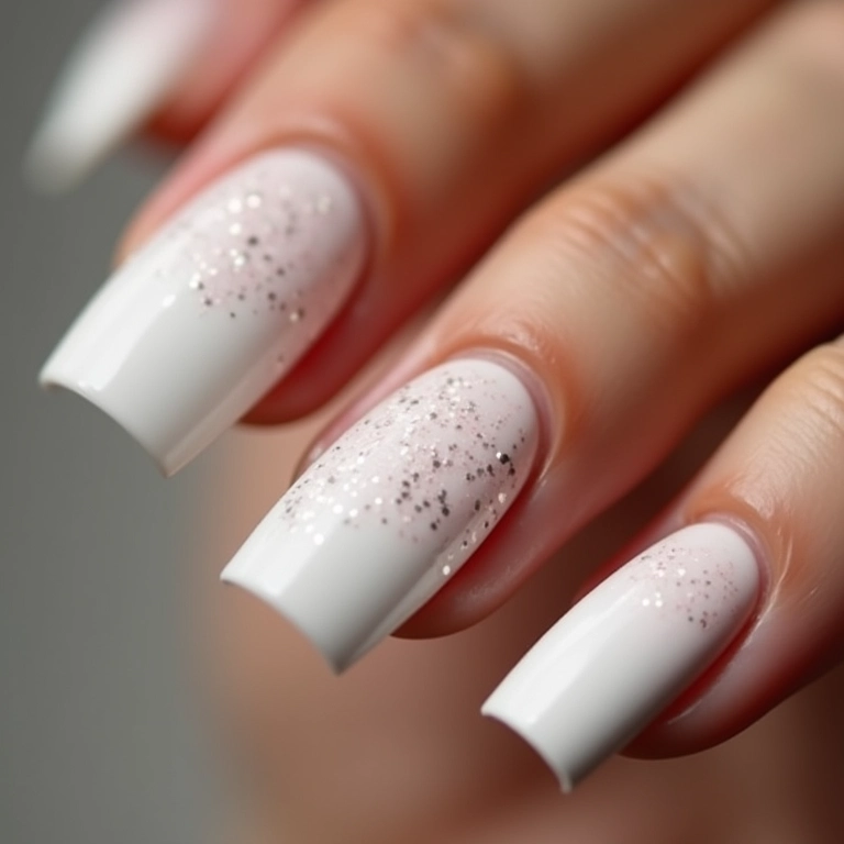 Unhas de gel branca com glitter delicado, perfeitas para um visual elegante.