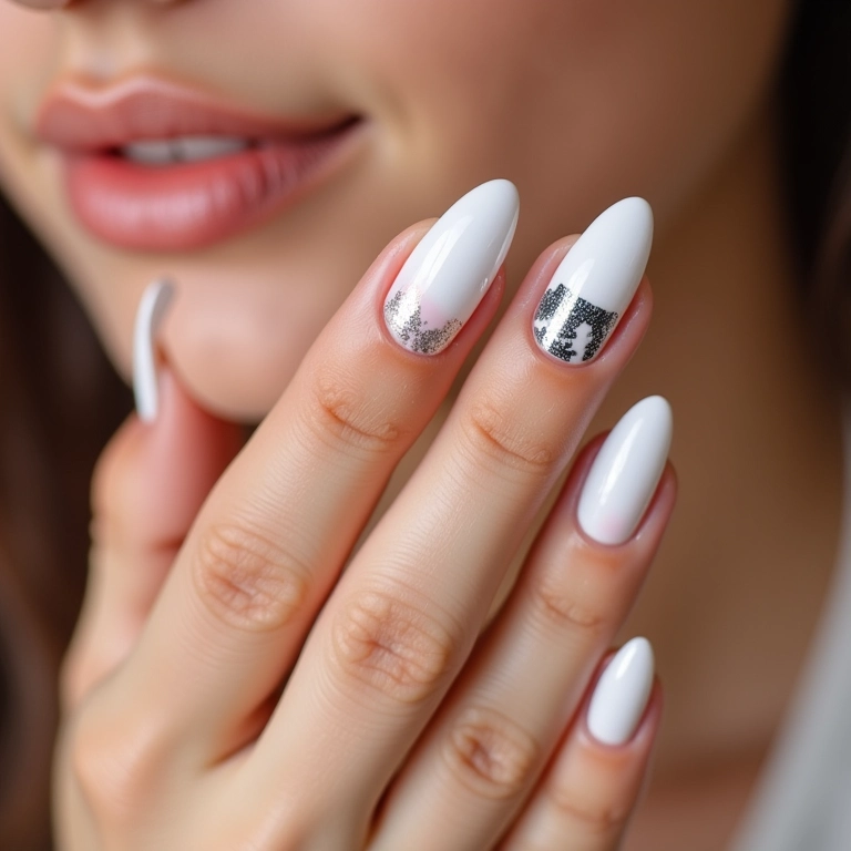 Unhas de gel branca com glitter e adesivos divertidos para um toque criativo.