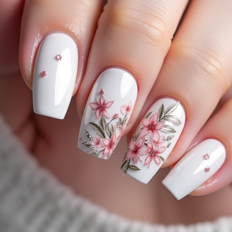 Unhas de gel branca com glitter e desenhos delicados para um visual único.