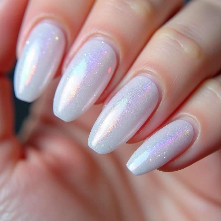 Unhas de gel branca com glitter e efeito furta-cor, um brilho mágico.