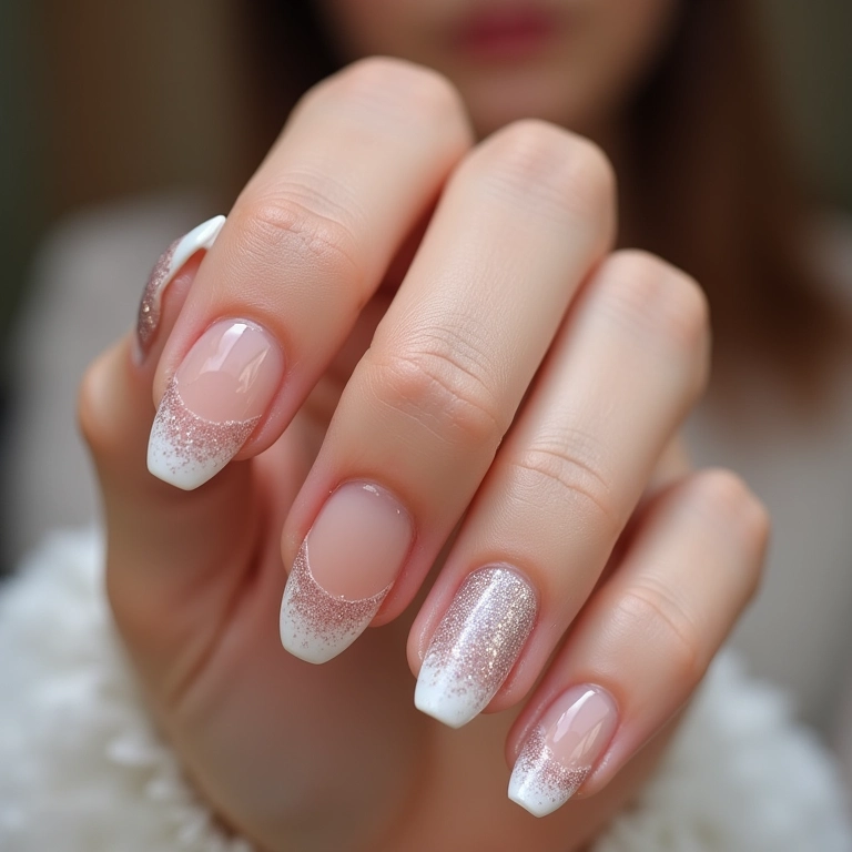 Unhas de gel branca com glitter e francesinha, elegância atemporal.