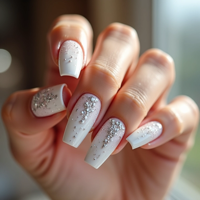 Unhas de gel branca com glitter e pedrarias para um toque extra de glamour.