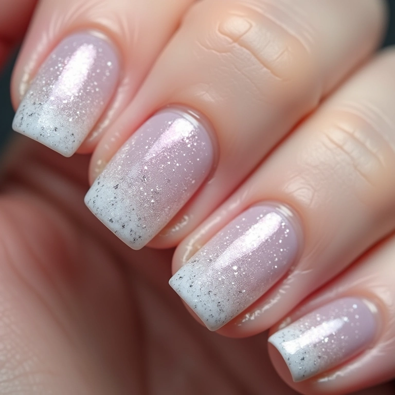 Unhas de gel branca com glitter encapsulado para maior durabilidade e brilho.