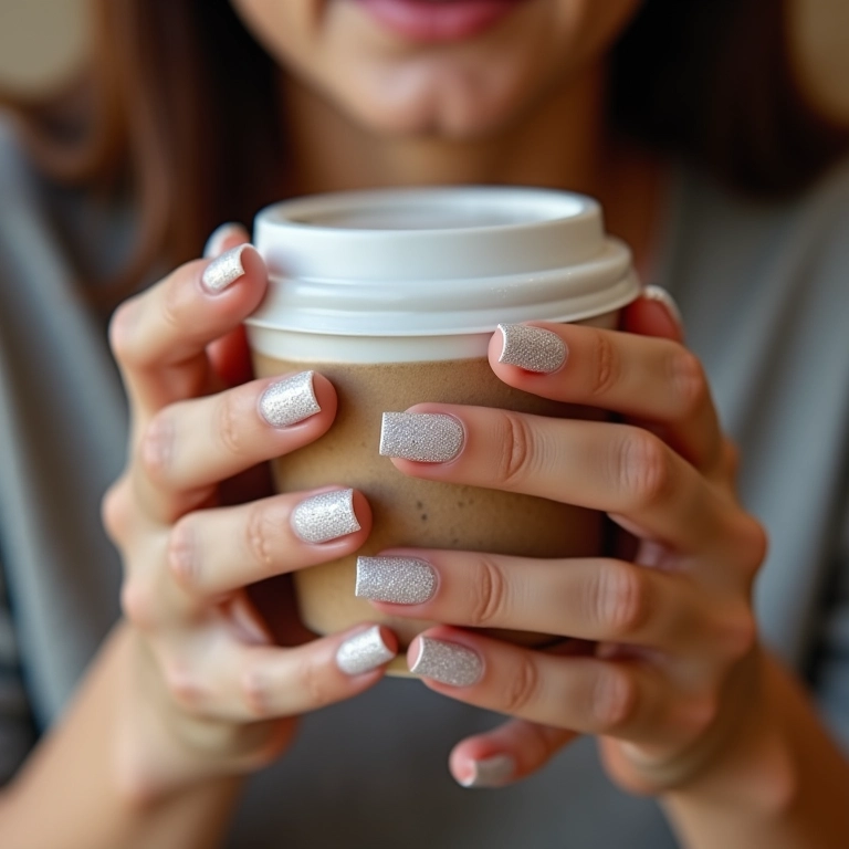 Unhas de gel branca com glitter para o dia a dia com um toque casual.