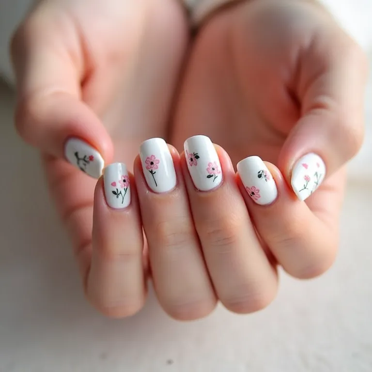Unhas de gel brancas com adesivos divertidos e práticos.