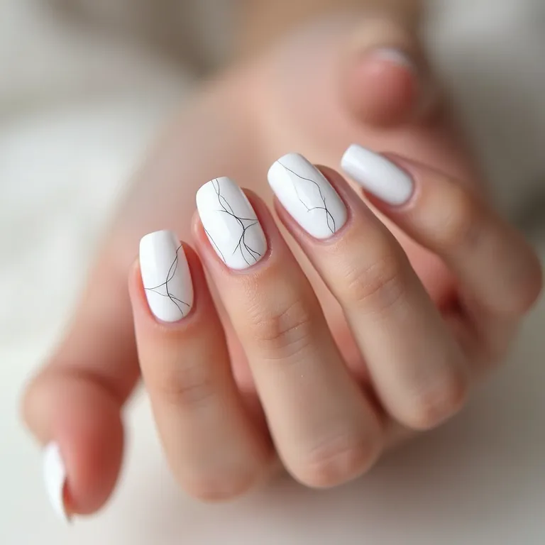 Unhas de gel brancas com desenhos minimalistas delicados.
