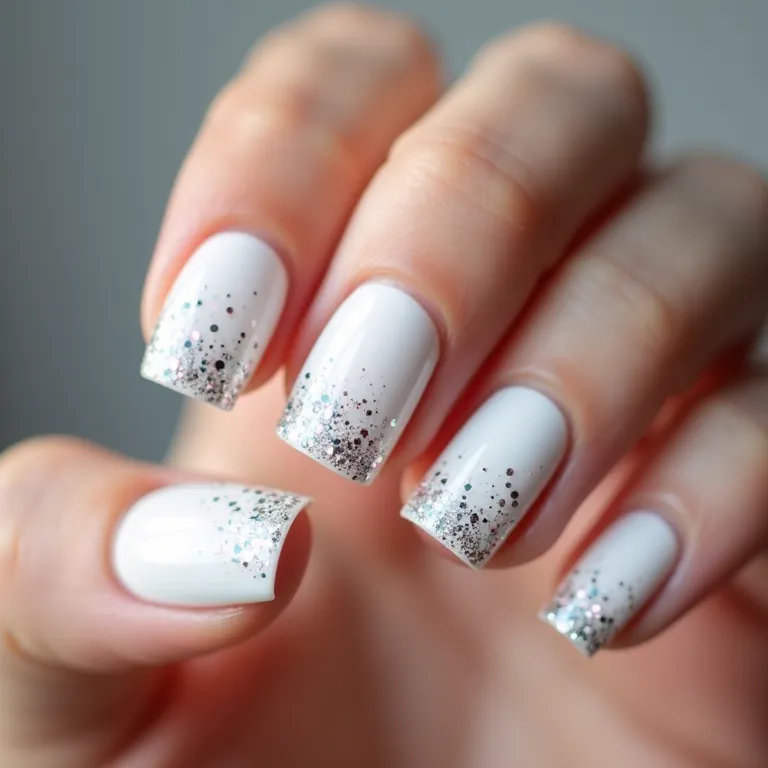 Unhas de gel brancas com glitter brilhante e alegre.