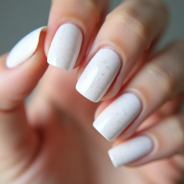 Unhas de gel brancas decoradas com brilho sutil, demonstrando elegância e versatilidade.