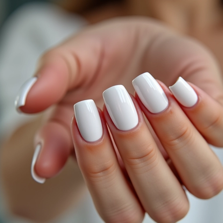 Unhas de gel brancas estilo francesinha, close-up elegante.