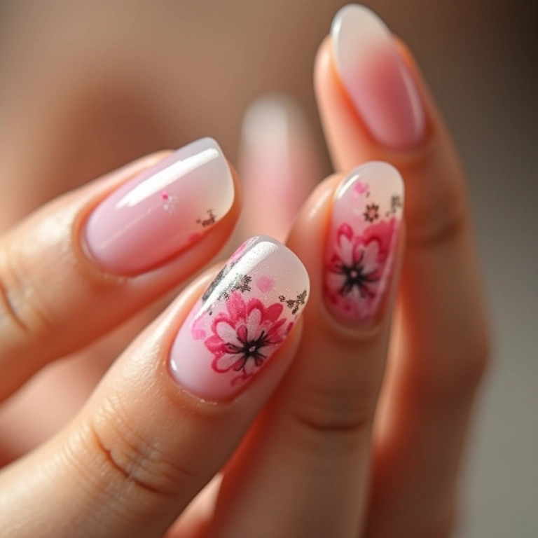 Unhas de gel clara com adesivos florais.