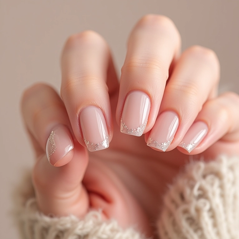 Unhas de gel clara com decoração minimalista.