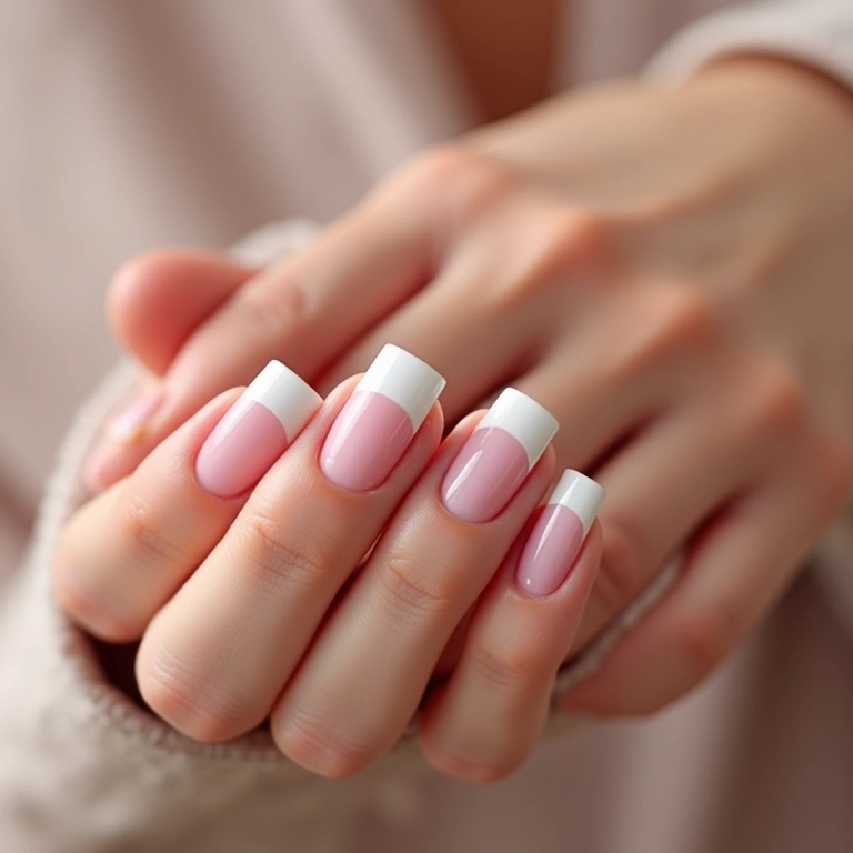 Unhas de gel clara com francesinha clássica.