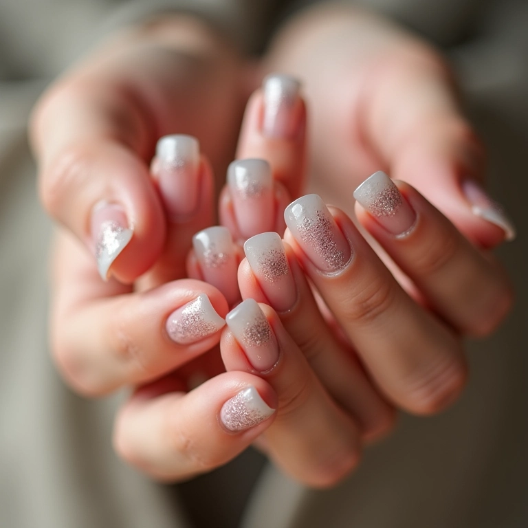 Unhas de gel clara com glitter delicado.