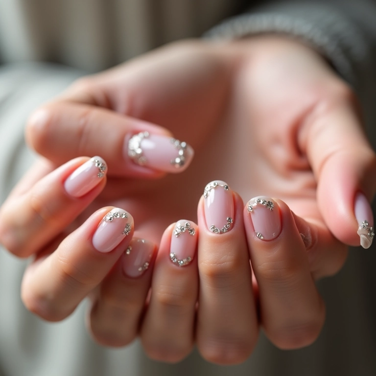 Unhas de gel clara com pedrarias.