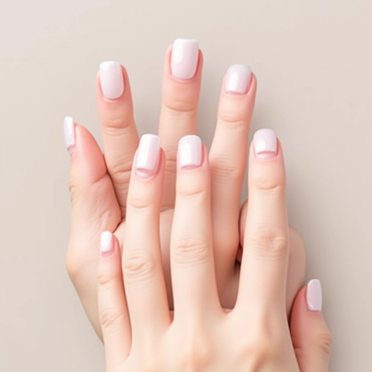 Unhas de gel clara em diferentes formatos.