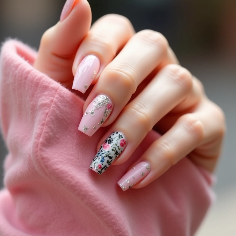 Unhas de gel com adesivos e aplicações delicadas.