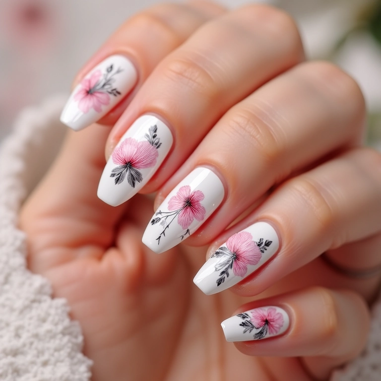 Unhas de gel com adesivos florais minimalistas.