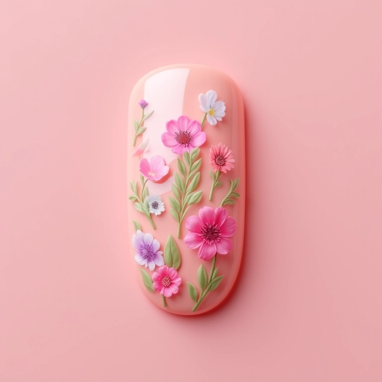 Unhas de gel com adesivos florais.
