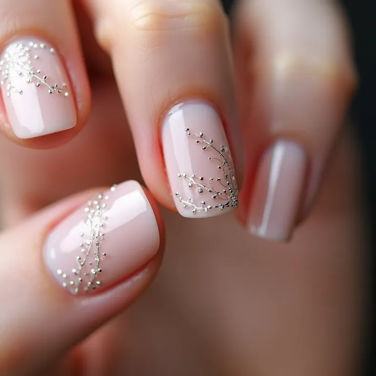 Unhas de gel com arte de pontilhismo delicada e detalhada.