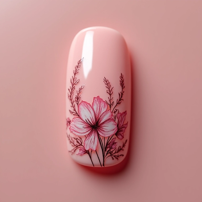 Unhas de gel com carimbo floral.