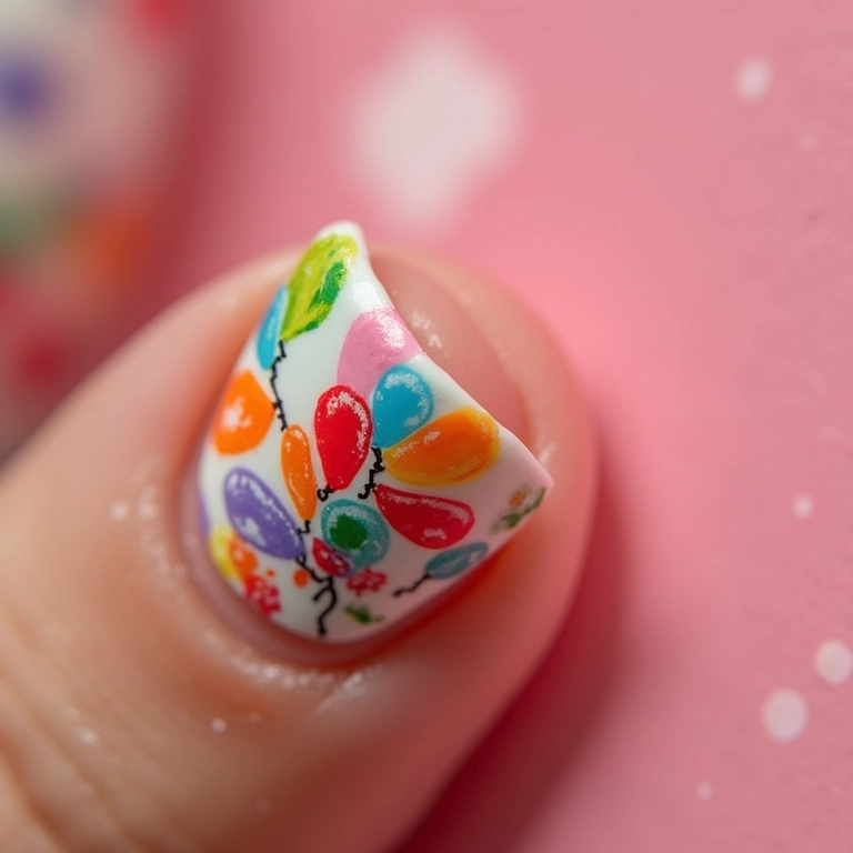 Unhas de gel com desenho de balão junino colorido.