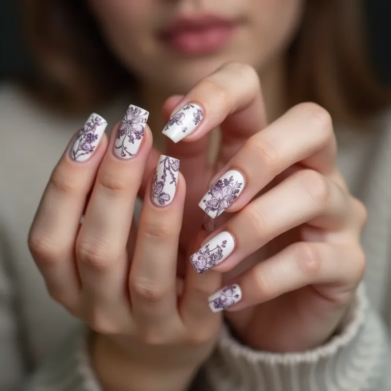 Unhas de gel com desenhos artísticos pintados à mão.