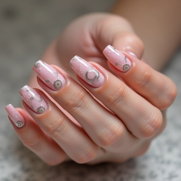 Unhas de gel com desenhos geométricos modernos.