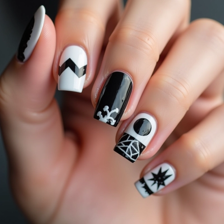 Unhas de gel com desenhos geométricos.