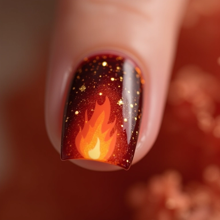 Unhas de gel com design de fogueira estilizada, remetendo às festas juninas.