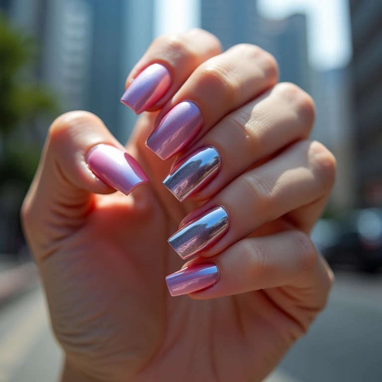 Unhas de gel com efeito cromado futurista.