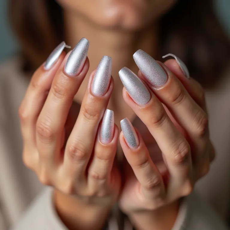 Unhas de gel com efeito espelhado, brilho intenso.