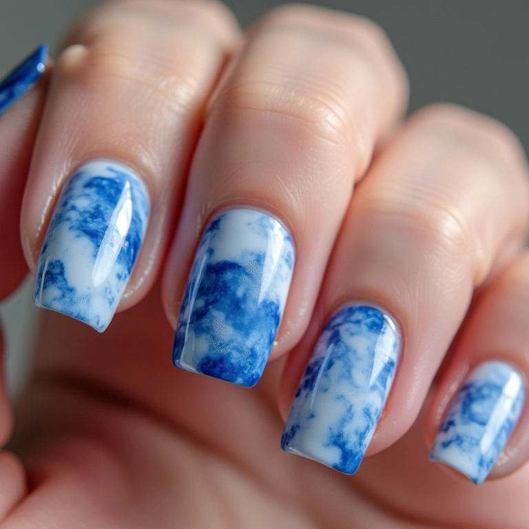 Unhas de gel com efeito marmorizado azul e branco.