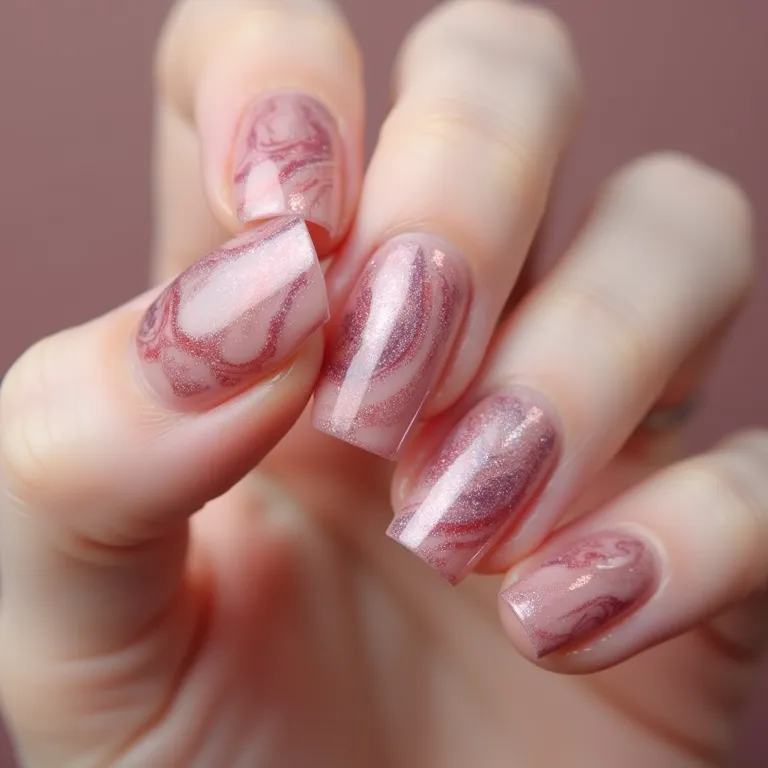 Unhas de gel com efeito marmorizado elegante e surpreendente.