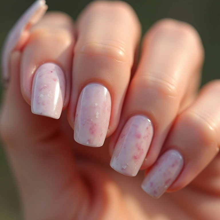 Unhas de gel com efeito marmorizado suave.